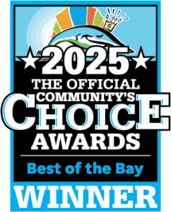 "2025 Official Community’s Choice Awards Best of the Bay Winner badge awarded to Bailey’s Produce, featuring a dolphin and colorful rays"