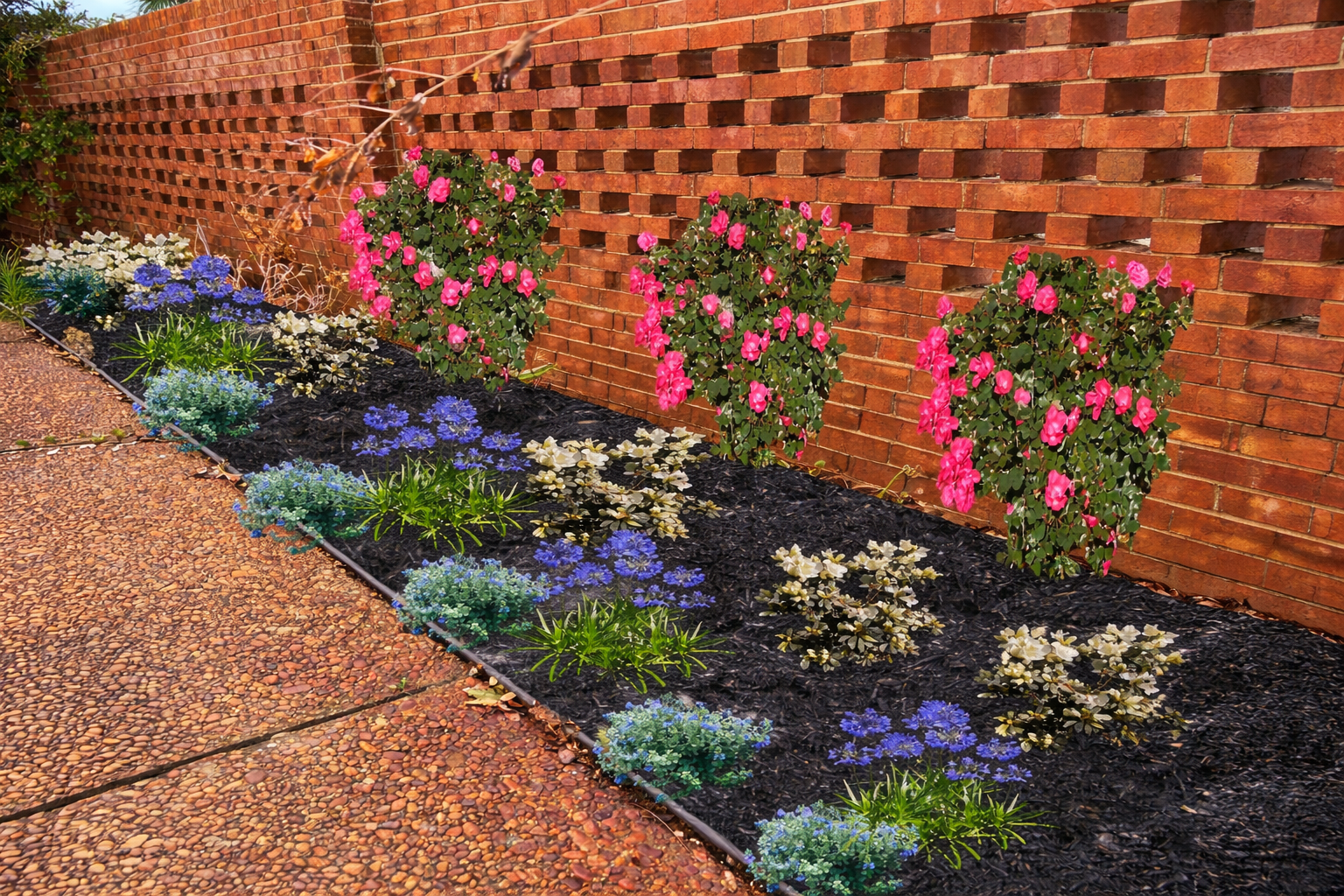 Newly designed flower bed with pink flowering shrubs, blue and white plants, and black mulch along a brick wall.