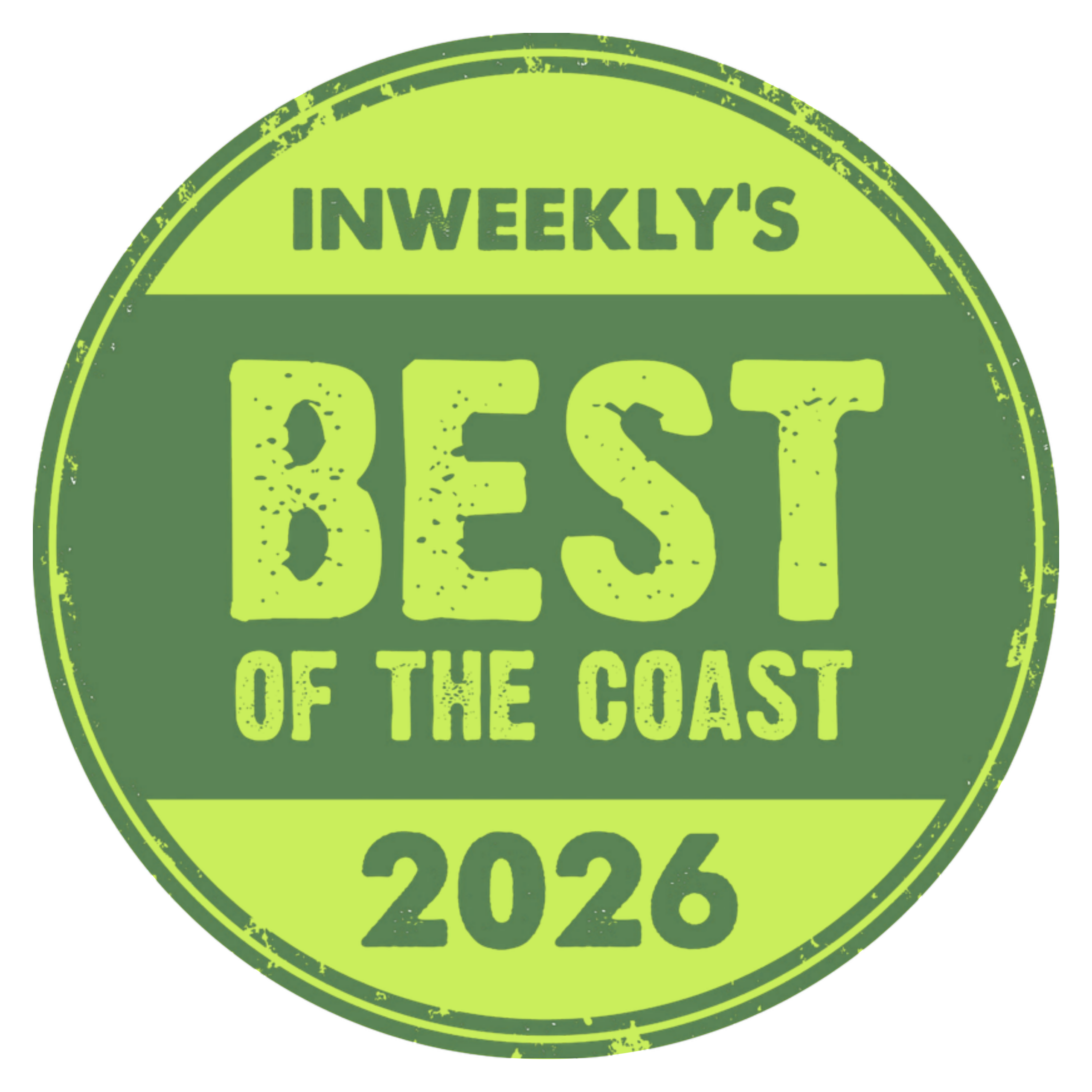 Round neon-green badge with distressed text reading 'DECK OF THE COAST' and the year '2026' at the bottom.